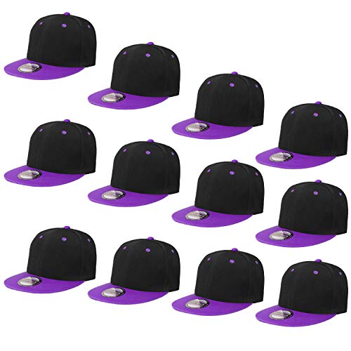 Falari Wholesale 12 Pack Snapback Hat Cap Hip Hop Style Flat Bill Blank Solid Color Adjustable Size - color: 12-pack Black/Purple