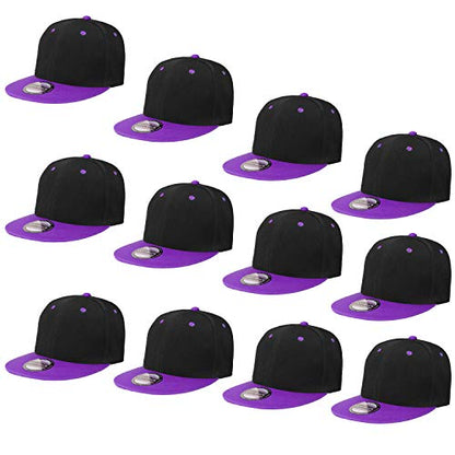 Falari Wholesale 12 Pack Snapback Hat Cap Hip Hop Style Flat Bill Blank Solid Color Adjustable Size - color: 12-pack Black/Purple