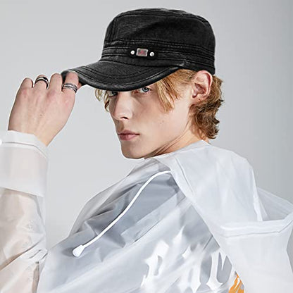 Unisex Cadet Army Cap Adjustable Flat Top Cap Washed Cotton Military Hat Baseball Cap - color: Black