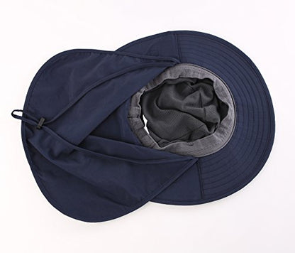 Home Prefer Outdoor UPF50+ Mesh Sun Hat Wide Brim Fishing Hat with Neck Flap Sun Hat for Men Women - color: Navy Blue