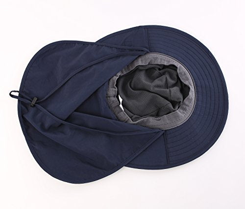 Home Prefer Outdoor UPF50+ Mesh Sun Hat Wide Brim Fishing Hat with Neck Flap Sun Hat for Men Women - color: Navy Blue