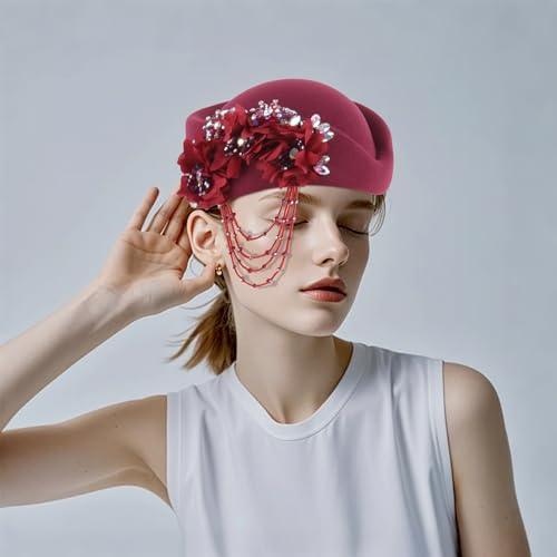 ASO OKE Beret Hats for Women British Felt hat Women's Church Derby with Tassel decorationhat Suitable for Wedding Parties - color: Wine Red