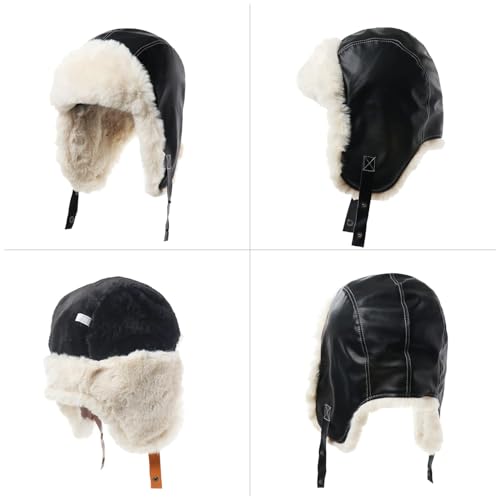 Peicees Vintage Aviator Hat And Goggles Pilot Hat Costume for Adult Leather Trapper Hat With Fur Ear Flaps Winter Warm