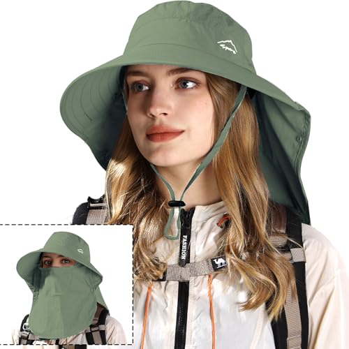 Rosoz Sun Hat for Men Women with Neck Flap& Removable Face Cover Wide Brim - color: 1pack-army Green