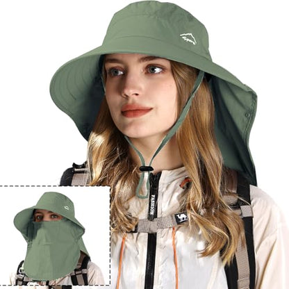 Rosoz Sun Hat for Men Women with Neck Flap& Removable Face Cover Wide Brim - color: 1pack-army Green