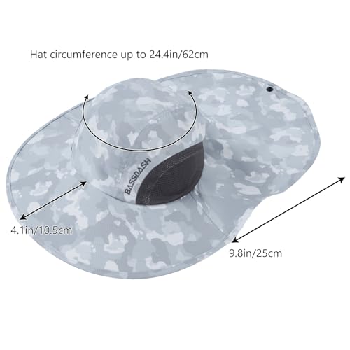 BASSDASH UPF 50+ Unisex Water Resistant Wide Brim Sun Hat with Large Neck Flap Ponytail Fishing Hat for Men Women - color: Light Grey Camo