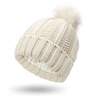 Muryobao Womens Satin Lined Beanie Hat with Faux Fur Pom Cuffed Winter Warm Knit Skull Cap - color: Beige