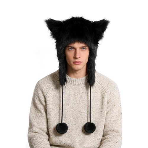 PURFUN Fuzzy Faux Fur Full Hood Trapper Hats with Animal Ear, Adults Halloween Cosplay Roleplay Cat Wolf Ear Hooded Hats - color: Black
