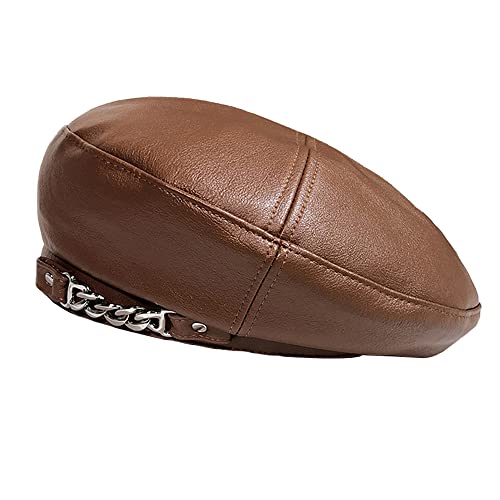 Women's PU Leather French Artist Beret Cap - color: Brown