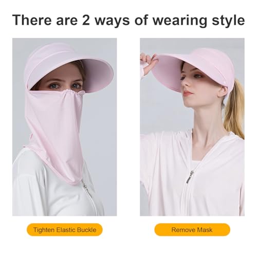 Women Wide Brim Face Mask Sun Hat Detachable Neck Face Flap Ponytail UV Protection Visor Hat Garden Fishing Hiking - color: Bg8094-pink