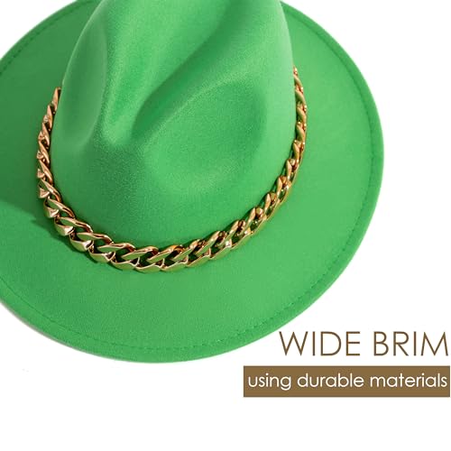 Men & Women Wide Brim Fedora Hat with Chain Buckle - color: Chain Belt-forest-green