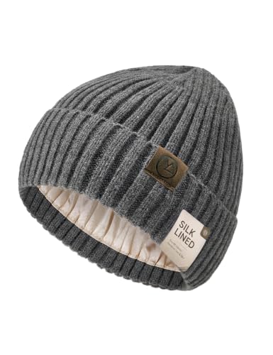Durio Unisex Silk Lined Beanie Double Layered Winter Hats - color: Dark Gray
