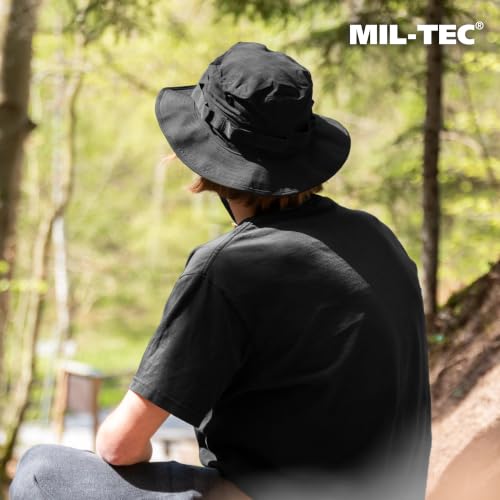 Mil-Tec Unisex Cotton Ripstop Boonie Hat - Durable Lightweight Tactical Outdoor Vented Wide Brim Hat w/Adjustable Chin Strap - color: Black, size: Medium