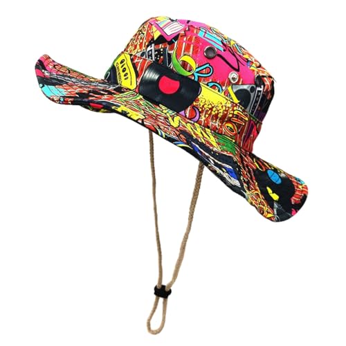 Sun Bucket Hat for Men Women Fishing Beach Safari Trendy Cotton Cowboy Cap for Golf Hiking Hunting Outdoor Boonie - color: 90s Graffiti