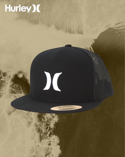 Hurley Mens Cap Flat Brim Mesh Panel Trucker Hat, Snap Back - color: Black/White