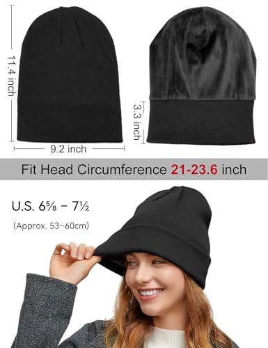 Fleece Lined Wool Beanie Hat Men Women, Warm Cuffed Winter Cap - color: Black