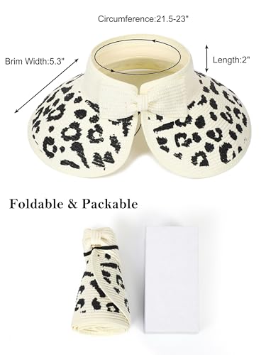 sy soul young Women's Straw Hat with Ponytail Hole Wide Brim Visor Sunhat - color: White With Leopard 2
