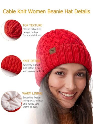 Winter Hats for Women Cable Knit Chunky Skull Cap Fleece Lined Thick Fold Cuff Beanie hat - color: Red, style: Pineapple
