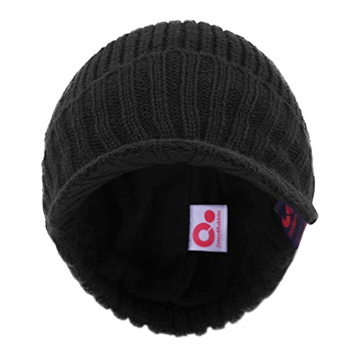 Janey&Rubbins Men‘s Stylish Knit Visor Brim Beanie Hats Fleece Lined Skull Ski Caps - color: Black