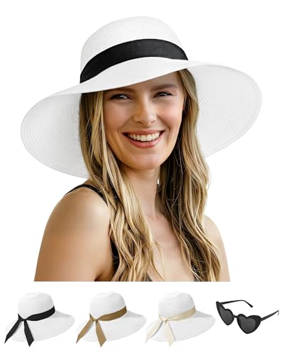 Sun Straw Hats for Women, Wide Brim Summer Beach Hat - color: White, size: Large
