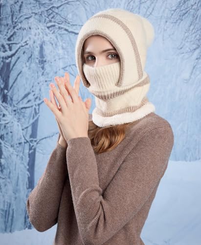 HUAMULAN Women Winter Knit Beanie Hats One Piece Fleece Lined Balaclavas - color: Beige + Khaki Stripe