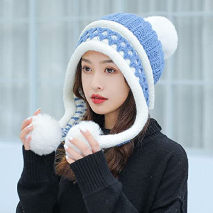 HUAMULAN Women Winter Peruvian Beanie Hat Ear Flaps Fleece Lining - color: Blue White