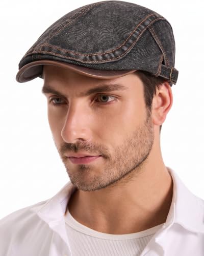 ZLYC Men Cotton Flat Cap Summer Scally Newsboy Beret Driver Hat - color: Denim Black