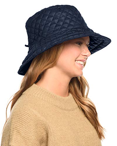 Foldable Water Repellent Quilted Rain Hat w/Adjustable Drawstring, Bucket Cap - color: Navy