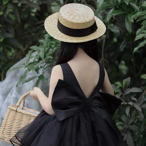 Girls Straw Boater Hat Kids Beach Hats Toddler Natural Wheat Straw Skimmer Hat Boys Handmade Flat Crown Sun Hats - color: Black