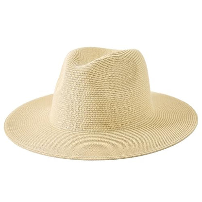 Lanzom Women Wide Brim Straw Panama Roll up Hat Fedora Beach Sun Hat UPF50+ - color: Khaki Without Band, size: One Size-Medium