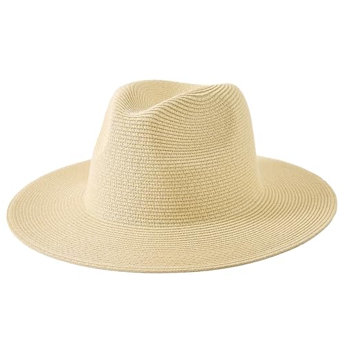 Lanzom Women Wide Brim Straw Panama Roll up Hat Fedora Beach Sun Hat UPF50+ - color: Khaki Without Band, size: One Size-Small