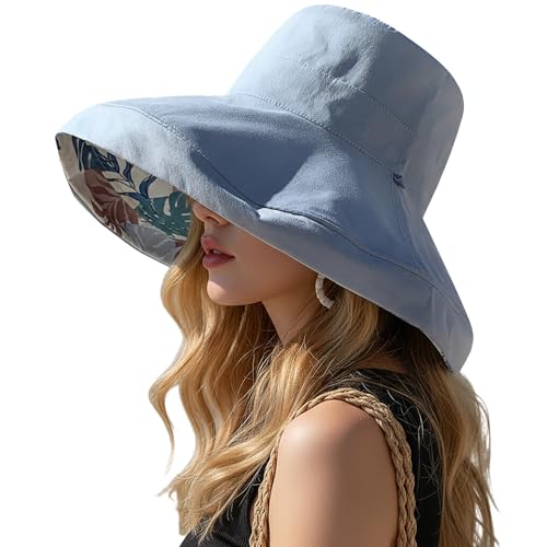 Women Wide Brim Sun Protection Hat Summer Fishing Hats - color: Blue and Leaf Print