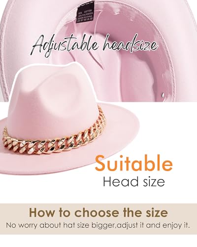 Men & Women Wide Brim Fedora Hat with Chain Buckle - color: Chain Belt-pink