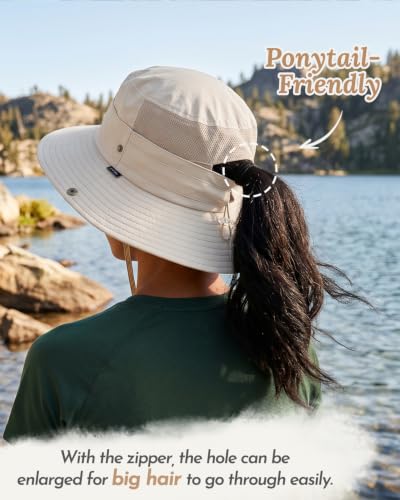 2-in-1 Womens Bucket Sun Hats, Sun Visor Hat, UPF 50+ Wide Brim, Ponytail-Friendly, Packable, Hiking Outdoor - color: Beige