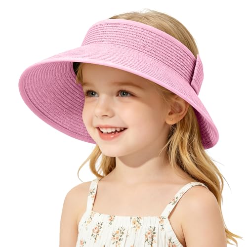 Girls Sun Visor Hat with Ponytail Hole Wide Brim Beach Straw Visor UPF 50+ - color: 1pack-pink