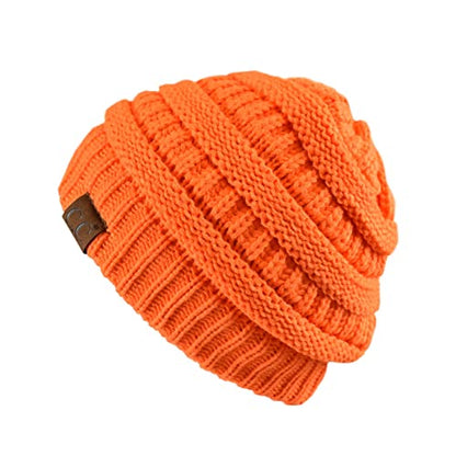 C.C Unisex Chunky Soft Stretch Cable Knit Warm Fuzzy Lined Skully Beanie - color: Neon Orange