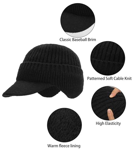Men Earflap Beanie Knitted Lined Skullies Baseball Cap Windproof Neck Warmer - color: Black