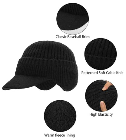 Men Earflap Beanie Knitted Lined Skullies Baseball Cap Windproof Neck Warmer - color: Black