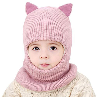 Toddler Winter Hat Baby Balaclava 2 in 1,Fleece Lined Knitted Beanie with Face Mask, Ear Flaps & Pom Pom for Boys Girls - color: Cat-pink