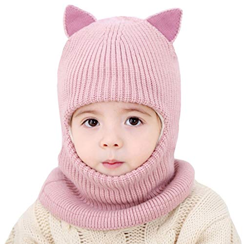 Toddler Winter Hat Baby Balaclava 2 in 1,Fleece Lined Knitted Beanie with Face Mask, Ear Flaps & Pom Pom for Boys Girls - color: Cat-pink