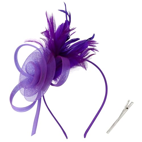 AMCAMI Fascinators Hats with Feather for Women 2026 Derby Hats Small Tea Party Hat with Headband - color: Purple