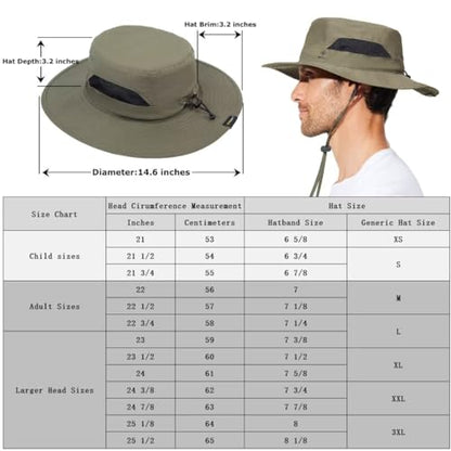 Fishing Hat for Mens Sun Hat Wide Brim Bucket Hat SPF UV Protection XL XXL Large Size Big Head Hiking Beach Safari - color: Khaki/Side Mesh（suitable:62cm-63cm）, size: XX-Large-3X-Large