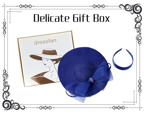 dressfan Wide Brim Fascinator Hats for Women,20s Linen Rhinestones Bow Big Hat for Derby Church Wedding Tea Party - color: Royal Blue