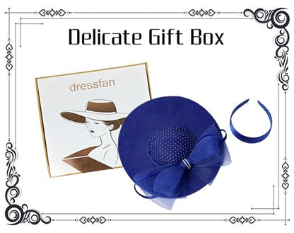 dressfan Wide Brim Fascinator Hats for Women,20s Linen Rhinestones Bow Big Hat for Derby Church Wedding Tea Party - color: Royal Blue