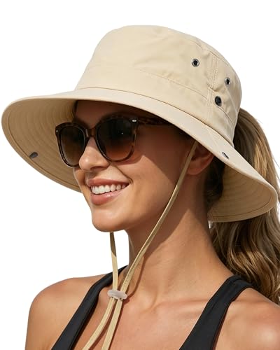 Women Sun Hat with Ponytail Hole Wide Brim Bucket Sun Protection for Summer - color: Beige