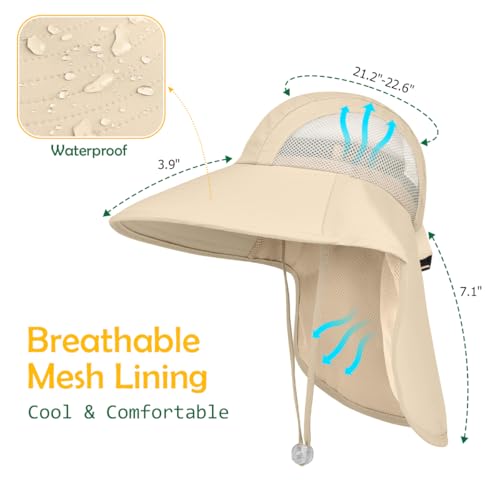Kids Sun Hat UPF50+ Summer Beach Play Sun Protection Hats with Neck Flap for Ages 5~14 Girls Boys - color: Beige