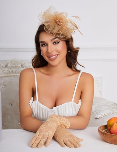 Fascinators Hat Clip Hat Wedding Cocktail Tea Party Headwear and Short Lace Bowknot Gloves for Women - color: Brown