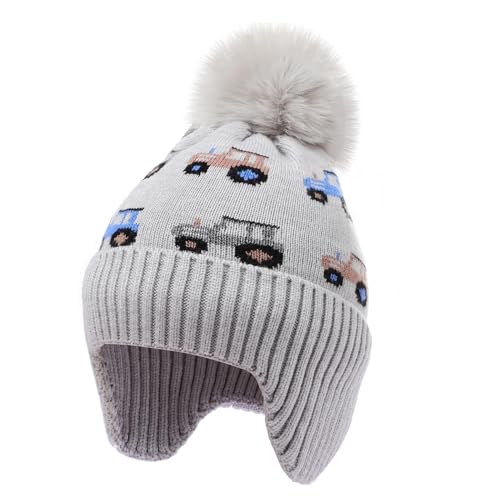 Kids Winter Hat with Ear Flaps, Toddler Boys Girls Fleece Lined Knit Beanie Colorful Pattern Pom Pom Ski Cap for 2-10Y - color: Gray,car(fleece Lined ), size: 2-4T