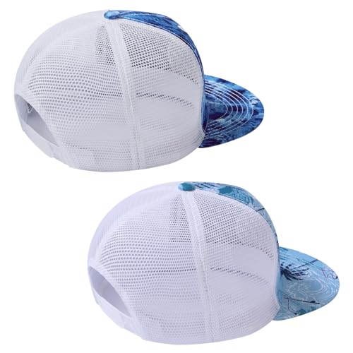 BASSDASH 2 Pack Flat Brim Trucker Cap Adjustable Snapback Hat Mesh Back for Men Women Fishing Hunting - color: Pack of 2, Blue Camo & Palm Trees