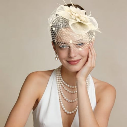 Semato Fascinators Hats for Women Mesh Feathers Elegant Champagne Tea Party Kentucky Hat Derby Headband with Hair Clip - color: Off-white